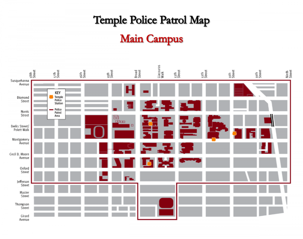 Grid map of the police patrol area for Temple University Main Campus.